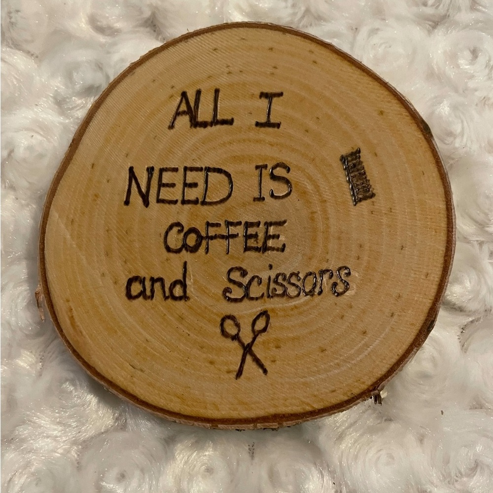 Wooden Coffee and Scissors Coaster